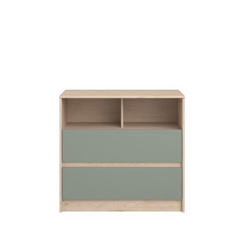 Commode 2 tiroirs et 2 niches SHELTER Imitation chêne et vert vue de face