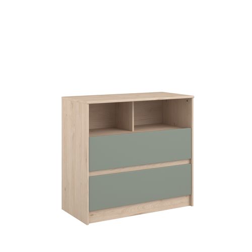 Commode 2 tiroirs et 2 niches SHELTER Imitation chêne et vert vue 3/4