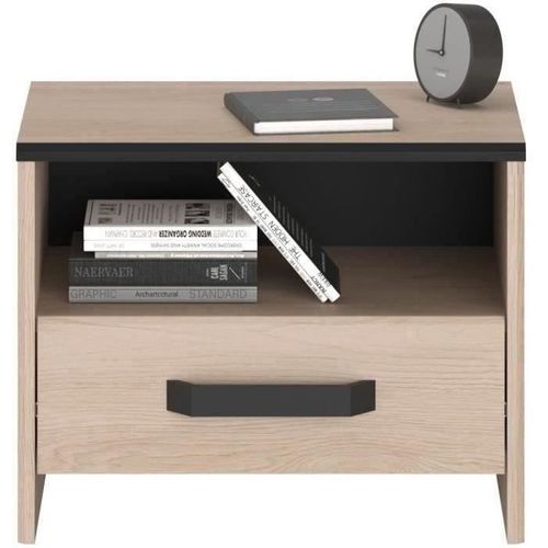 Chambre Complete Enfant 3 Pieces Zodiac - Lit + Chevet + Bureau - Décor Chene/noir - Parisot