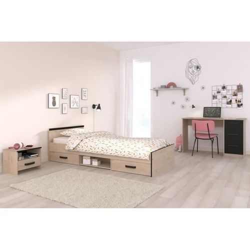 Chambre Complete Enfant 3 Pieces Zodiac - Lit + Chevet + Bureau - Décor Chene/noir - Parisot