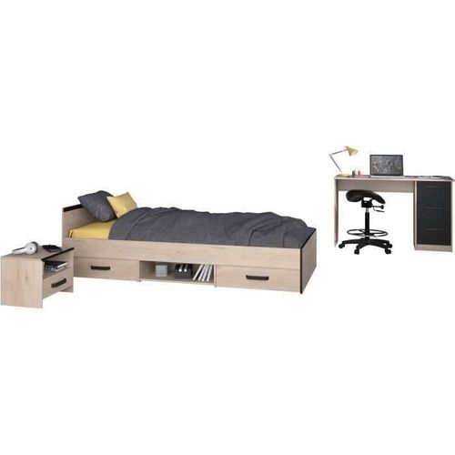 Chambre Complete Enfant 3 Pieces Zodiac - Lit + Chevet + Bureau - Décor Chene/noir - Parisot
