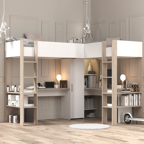 Lit mezzanine 2x90x200 cm ALEXANDRA avec bureau blanc et imitation chêne vue d'ambiance 1