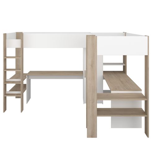 Lit mezzanine 2x90x200 cm ALEXANDRA avec bureau blanc et imitation chêne vue de face