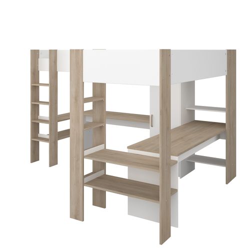 Lit mezzanine 2x90x200 cm ALEXANDRA avec bureau blanc et imitation chêne vue de profil