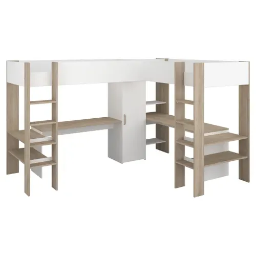 Lit mezzanine 2x90x200 cm ALEXANDRA avec bureau blanc et imitation chêne vue 3/4