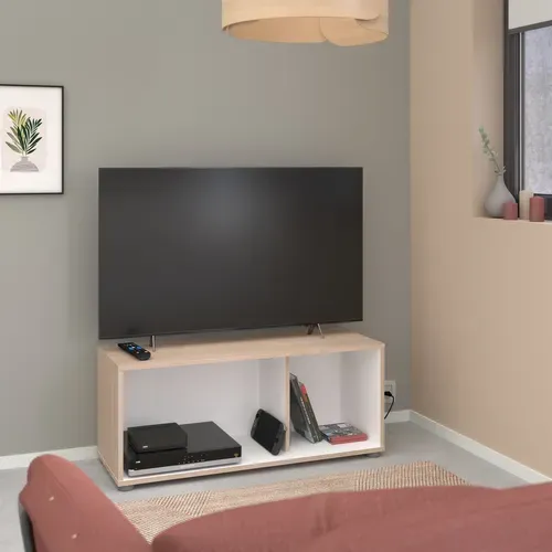 Meuble TV LORIS Imitation chêne et blanc vue d'ambiance 1