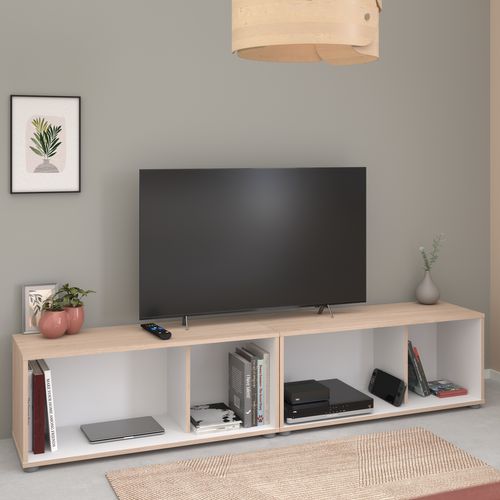 Meuble TV LORIS Imitation chêne et blanc