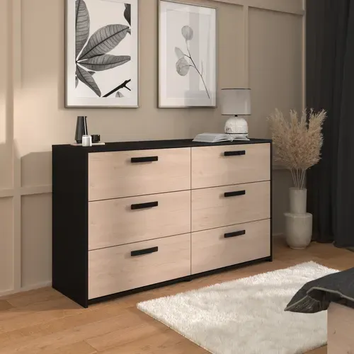 Commode 6 tiroirs CELEST imitation chêne et noir vue d'ambiance 1