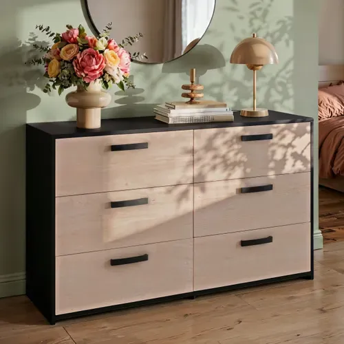 Commode 6 tiroirs CELEST imitation chêne et noir