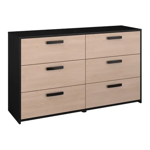 Commode 6 tiroirs CELEST imitation chêne et noir vue 3/4