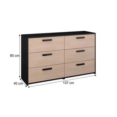Commode 6 tiroirs CELEST imitation chêne et noir