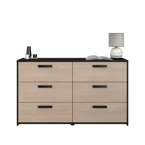 Commode 6 tiroirs CELEST imitation chêne et noir