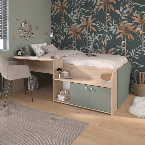 Lit 90x190/200 cm JADE vert et imitation chêne