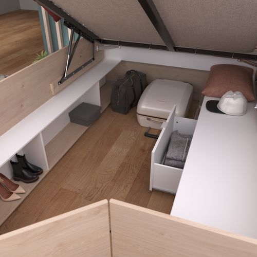 Lit coffre 140x190/200 cm avec sommier relevable TRAVEL imitation chêne et blanc