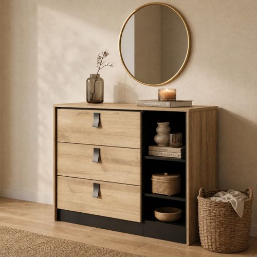 Commode 3 tiroirs 2 niches KIERAN imitation chêne et noir vue d'ambiance 1