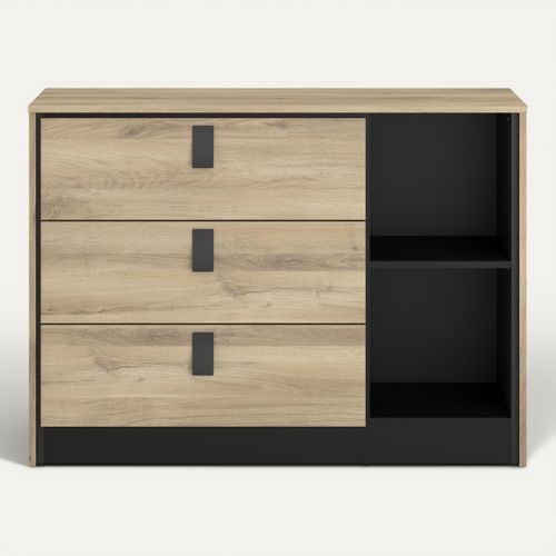 Commode 3 tiroirs 2 niches KIERAN imitation chêne et noir vue de face