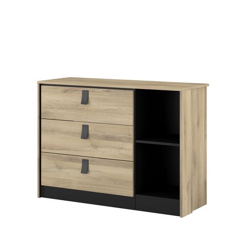 Commode 3 tiroirs 2 niches KIERAN imitation chêne et noir vue de profil