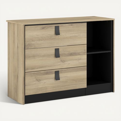 Commode 3 tiroirs 2 niches KIERAN imitation chêne et noir vue 3/4