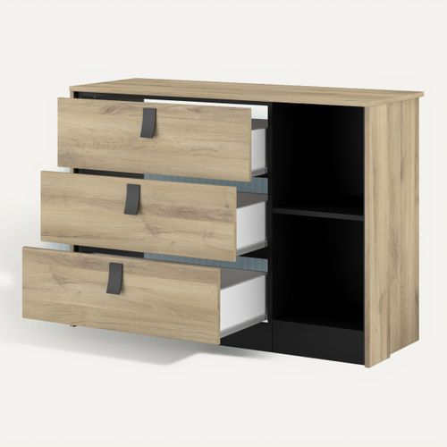 Commode 3 tiroirs 2 niches KIERAN imitation chêne et noir