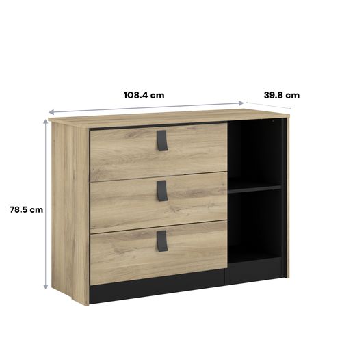 Commode 3 tiroirs 2 niches KIERAN imitation chêne et noir