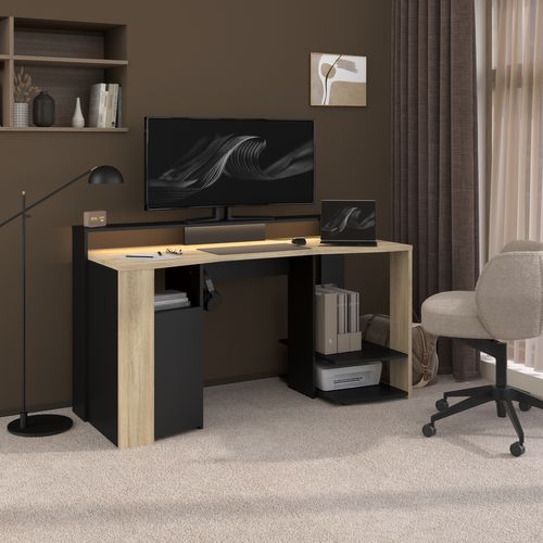 Bureau Gamer LED META imitation chêne et noir