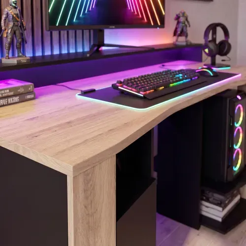 Bureau Gamer LED META imitation chêne et noir