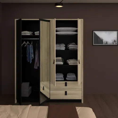 Armoire 4 portes 2 tiroirs L. 162 cm KIERAN imitation chêne et noir