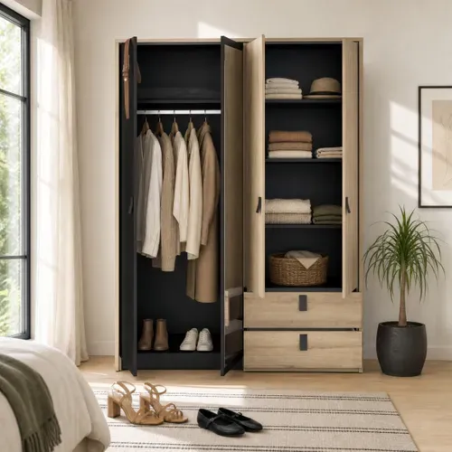 Armoire 4 portes 2 tiroirs L. 162 cm KIERAN imitation chêne et noir