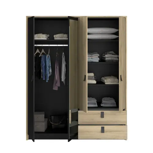 Armoire 4 portes 2 tiroirs L. 162 cm KIERAN imitation chêne et noir