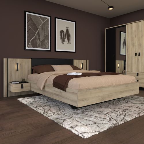 Lit 140x190/200 cm avec chevets KIERAN imitation chêne et noir