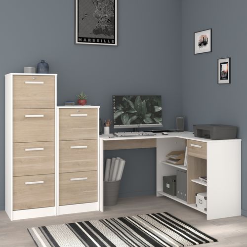 Bureau d'angle 1 tiroir MILO blanc et imitation chêne