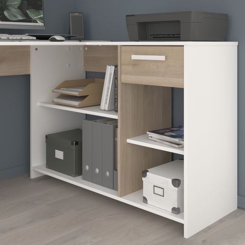 Bureau d'angle 1 tiroir MILO blanc et imitation chêne vue détaillée