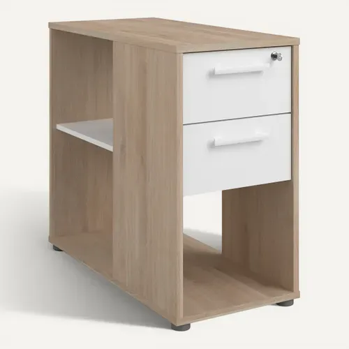 Caisson 2 tiroirs et 1 niche START UP 2 imitation chêne et blanc vue 3/4