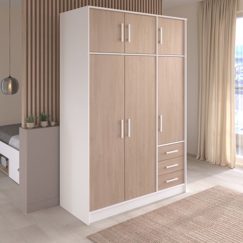 Armoire 6 portes 3 tiroirs STORY L.130 cm imitation chêne/blc vue d'ambiance 1