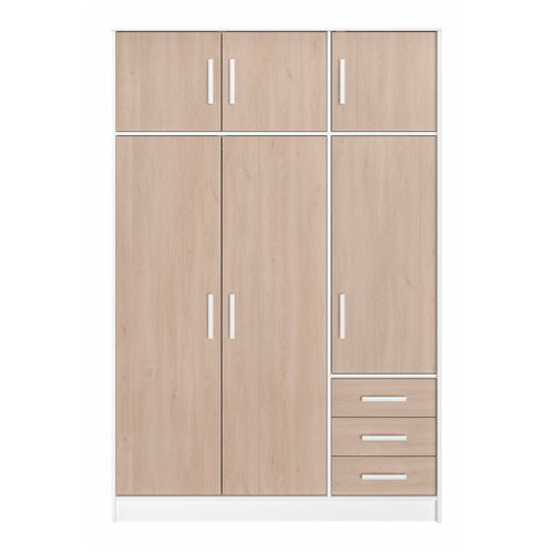 Armoire 6 portes 3 tiroirs STORY L.130 cm imitation chêne/blc vue de face