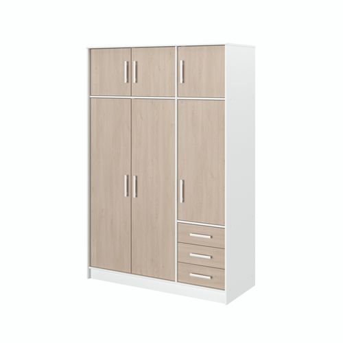 Armoire 6 portes 3 tiroirs STORY L.130 cm imitation chêne/blc vue de profil