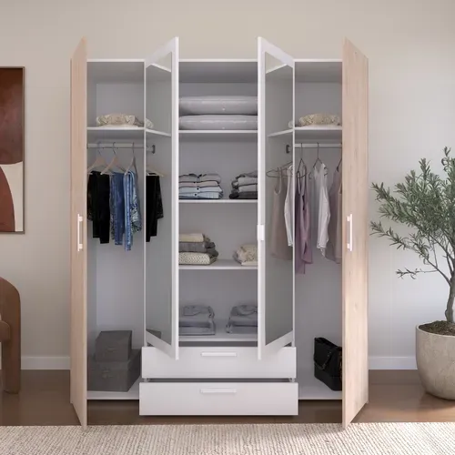 Armoire 4 portes 2 tiroirs L. 160 cm avec miroir DAILY imitation chêne et blanc