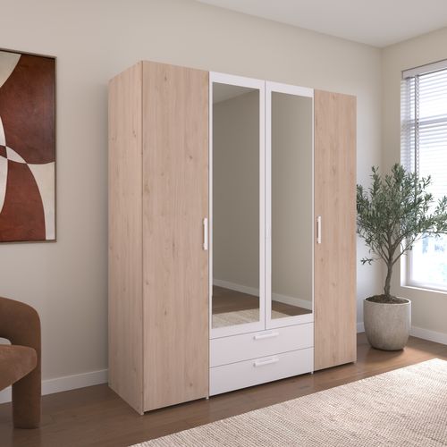 Armoire 4 portes 2 tiroirs L. 160 cm avec miroir DAILY imitation chêne et blanc