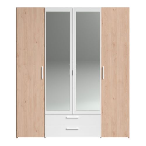 Armoire 4 portes 2 tiroirs L. 160 cm avec miroir DAILY imitation chêne et blanc