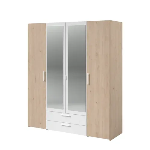 Armoire 4 portes 2 tiroirs L. 160 cm avec miroir DAILY imitation chêne et blanc