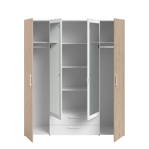 Armoire 4 portes 2 tiroirs L. 160 cm avec miroir DAILY imitation chêne et blanc