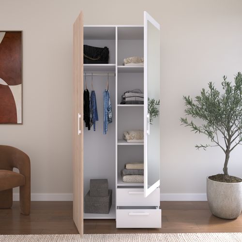 Armoire 2 portes 2 tiroirs L. 80 cm avec miroir DAILY imitation chêne et blanc vue d'ambiance 1