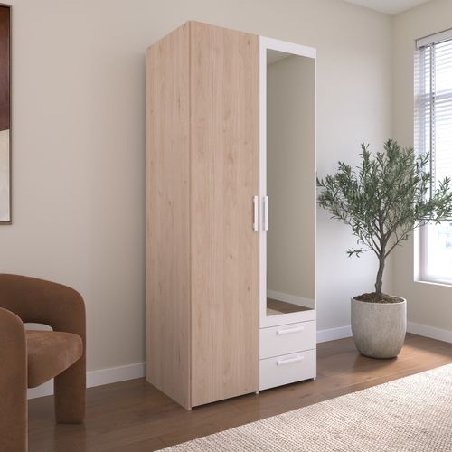 Armoire 2 portes 2 tiroirs L. 80 cm avec miroir DAILY imitation chêne et blanc