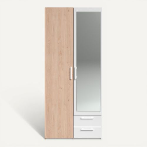 Armoire 2 portes 2 tiroirs L. 80 cm avec miroir DAILY imitation chêne et blanc vue de face