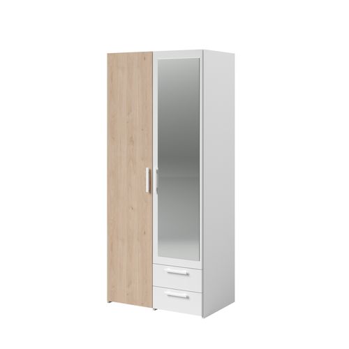Armoire 2 portes 2 tiroirs L. 80 cm avec miroir DAILY imitation chêne et blanc vue de profil