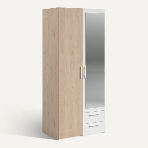 Armoire 2 portes 2 tiroirs L. 80 cm avec miroir DAILY imitation chêne et blanc vue 3/4