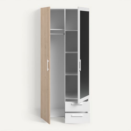 Armoire 2 portes 2 tiroirs L. 80 cm avec miroir DAILY imitation chêne et blanc