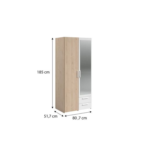 Armoire 2 portes 2 tiroirs L. 80 cm avec miroir DAILY imitation chêne et blanc