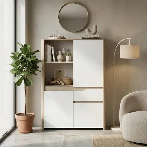Buffet haut 3 portes H.151 cm WENDY imitation chêne et blanc vue d'ambiance 1