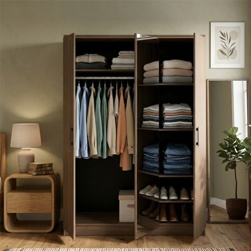 Armoire 3 portes avec miroir L. 139 cm AZUKA imitation noyer vue d'ambiance 1